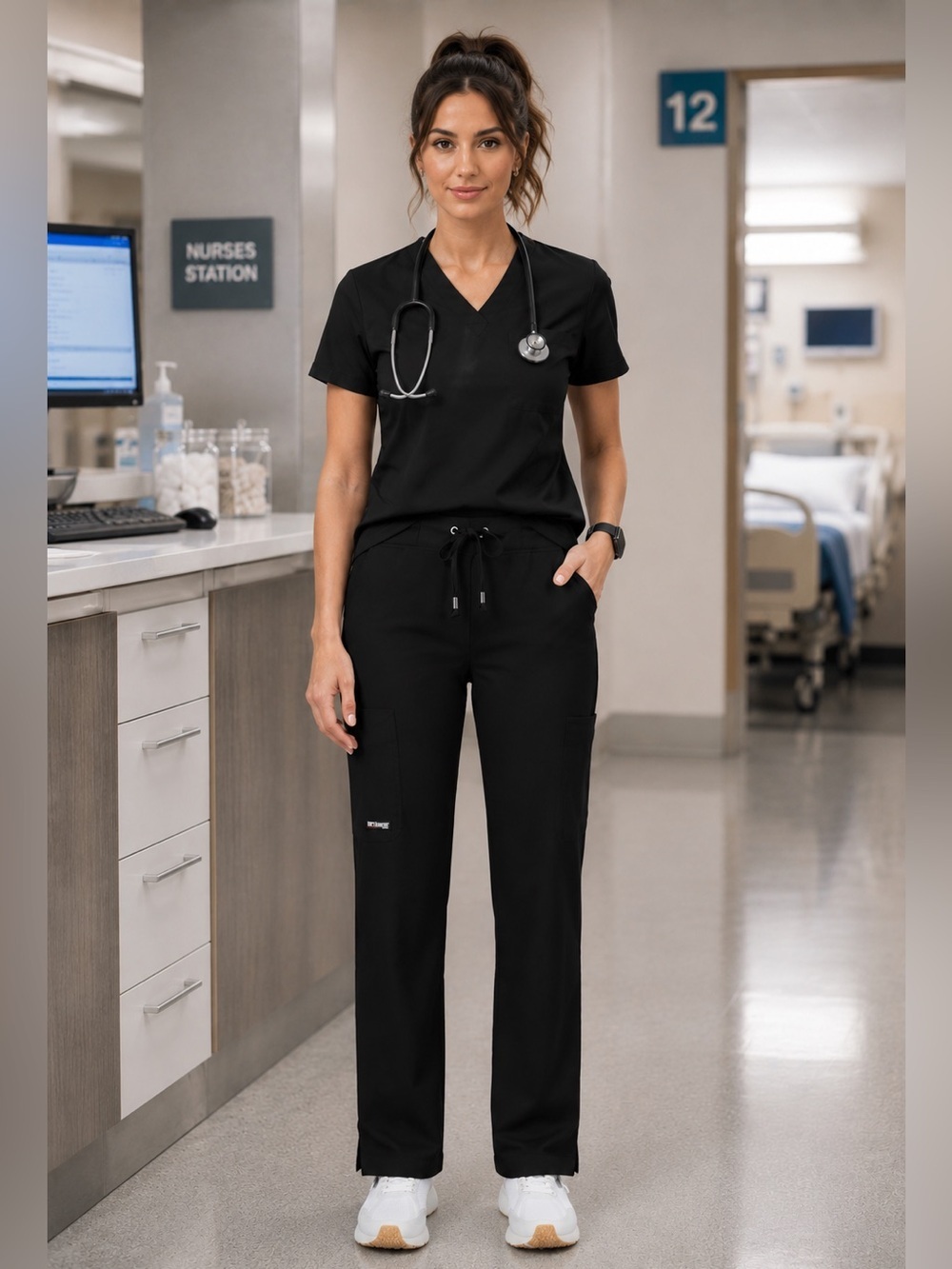 BARCO GREYS ANATOMY Mia Scrub Pants Sz XS Black Straight Leg 6 Pocket Medical